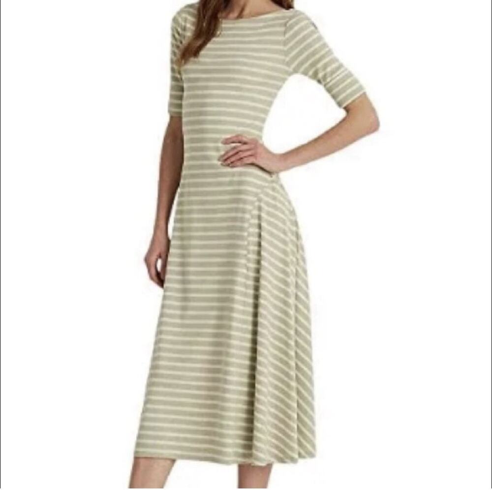 LAUREN RALPH LAUREN Sage White Striped Knit Boat Neck Nautical Midi Dress XL